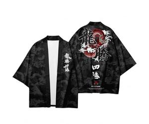 DAYKET Cárdigan Tipo Kimono para Hombre Pantalones de Pierna Ancha Ropa de Calle a La Moda con Dragón Bata Tipo Kimono Japonés Pantalones Traje Informal Haori Tradicional,Top-M