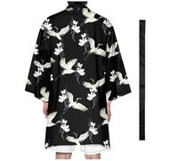 DAYKET Chaqueta Haori para Hombre, Estilo Japonés, Estilo Grulla Voladora, Kimono Largo, Cárdigan, Yukata, Bata Informal Ligera con Cinturón,Black-L