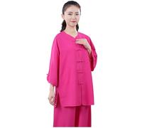 DAYKET Ropa de Tai Chi para Mujer, Uniforme de Artes Marciales de Algodón y Lino, Ropa Tradicional China de Kung Fu de Manga Tres Cuartos para Verano,Rosered-L