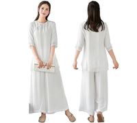 DAYKET Traje de Tai Chi para Mujer, Ropa Tradicional China de Kung Fu, Uniforme de Meditación Zen de Algodón y Lino con Mangas Medias,White-XL