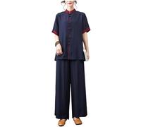 DAYKET Uniforme de Tai Chi Chino Tradicional de Manga Corta para Mujer, Ropa de Artes Marciales para Ejercicios Matutinos, Ropa de Kung Fu, Ropa de Salón,Navyblue-XXL