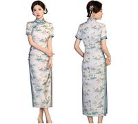DAYKET Vestidos de Mujer Largos Ajustados con Abertura Lateral Cheongsam Tradicional de Manga Corta con Estampado Chino con Cuello Levantado Vestidos de Noche Qipao,White-3XL