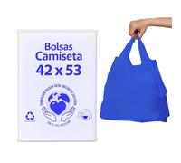 DAYMAND STORE | Bolsas de Plastico con Asas AZULES con Material 70% Reciclado | Paquete de 50 uds | Medida de las Bolsas Desplegadas 42x53cm | Bolsas Plastico Galga 200