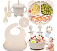 Dazhtu 10 Piezas Vajilla Bebe Silicona, Vajilla de Silicona para Bebés con Ventosa, Plato Bebe Ventosa Platos bebe impermeable, Cubiertos Bebe, Vajilla de aprendizaje para comer destete(Beige)