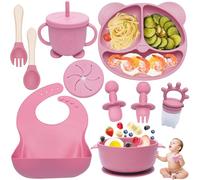 Dazhtu 10 Piezas Vajilla Bebe Silicona, Vajilla de Silicona para Bebés con Ventosa, Plato Bebe Ventosa Platos bebe impermeable, Cubiertos Bebe, Vajilla de aprendizaje para comer destete(Rosa oscuro)