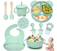 Dazhtu 12 Piezas Vajilla Bebe Silicona, Vajilla de Silicona para Bebés con Ventosa, Plato Bebe Ventosa Platos bebe impermeable, Cubiertos Bebe, Vajilla de aprendizaje para comer destete(Verde)