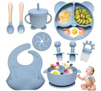 Dazhtu 12 Piezas Vajilla Bebe Silicona, Vajilla de Silicona para Bebés con Ventosa, Plato Bebe Ventosa Platos bebe impermeable, Cubiertos Bebe, Vajilla de aprendizaje para comer destete(Azul)