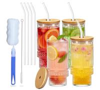 Dazhtu Juego de 4 Vasos de Cristal Agua con Pajita, 320ml Vasos de Latte Macchiato con tapa, Tazas de Café de Vidrio, Vasos de Cóctel para Café, Yogur, Soda, Cocktail, Cerveza, Batidos, Whisky