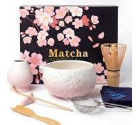 Dazhtu Juego de 8 batidores de matcha, kit de cerámica para matcha, cuenco de té con flor de cerezo, cuchara, colador y soporte para batidor de matcha, juego completo de regalo para principiantes y