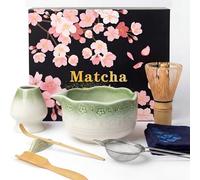 Dazhtu Matcha Kit 8 piezas, Kit Té Matcha Con diseño de sakura, Cuenco Matcha, Batidor Matcha, Cuchara, Tamiz, Soporte para Batidor, Kit Matcha Completo Regalo para Amantes el Matcha(Gradiente Verde)