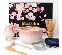 Dazhtu Matcha Kit 8 piezas, Kit Té Matcha Con diseño de sakura, Cuenco Matcha, Batidor Matcha, Cuchara, Tamiz, Soporte para Batidor, Kit Matcha Completo Regalo para Amantes el Matcha(Gradiente Rosa)