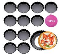 Dazhtu Molde para tartas con base elevadora, 12 unidades de 8 cm/3 pulgadas, revestimiento antiadherente, molde para quiche, molde para tartelette de acero al carbono, reutilizable, para hornear