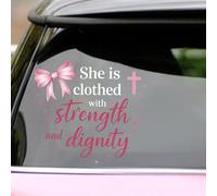 Dazoratix Calcomanía cristiana rosa para coche, con texto en inglés "She is Clothed with Strength and Dignity", calcomanías femeninas, lindo lazo, cruz, versículo bíblico, vinilo, impermeable