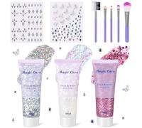 DazSpirit 3pcs Gel Purpurina Corporal con 2x Pegatinas Brillantes Autoadhesivas y Pincel, DIY Gel Purpurina Cara para Festivales, Glitter Brillantina y Diamentes para Cuerpo (Blanco, Plata, Rosa)