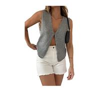 Dazzerake Mujer de Ganchillo Sin Mangas de Punto Abierto Camisola Crop Top Cardigan Dug V Neck Button Down Vintage Casual Streetwear (Gris, L)