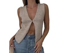 Dazzerake Mujer de Ganchillo Sin Mangas de Punto Abierto Camisola Crop Top Cardigan Dug V Neck Button Down Vintage Casual Streetwear (Beige, M)