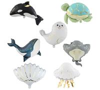 DazzJoy 7 globos de animales marinos, XXL, globos de animales, ballena espada, tortuga, ballena, focas, conchas, medusas, animales marinos, globos de lámina para decoración del mundo submarino