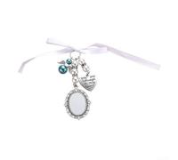 DAZZLEEX Colgante de marco de fotos de corazón plateado para ramo de novia con dije de ángel azul y cintas de encaje, recuerdo de boda para seres queridos, 25 x 18 mm (1)