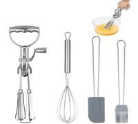 DAZZLEEX Juego de batidor de huevos giratorio 4 en 1, batidor manual de mano con cepillo de silicona, herramientas de cocina de acero inoxidable para hornear batir crema mezcladora