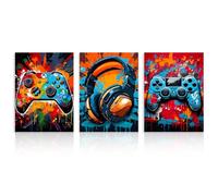 Dazzlewall 3 piezas de arte de pared de videojuegos, graffiti de gamepad y auriculares, cuadros pintados, pósters geniales de video para dormitorio de adolescentes, habitación de juegos, decoración de