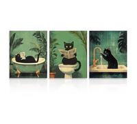 Dazzlewall 3Pcs Cuadros Divertidos de Arte de Pared de Baño de Gato, Vendimia Negro Gato Lavar Patas Leyendo Periódico Impresiones de Arte Para La Decoración Del Inodoro Del Baño 20X25 cm Sin Marco