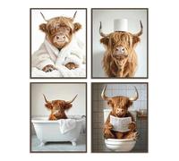 Dazzlewall 4Pcs Cuadro de Pared de la Vaca de las Tierras Altas, Vaca Divertida Baño Bañera Picture Print, Caprichoso Toilet Animal Wall Décor Poster, 20x25 cm Sin Marco