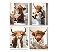 Dazzlewall 4Pcs Cuadros Divertidos de Arte de Pared de Vaca de Las Tierras Altas, Impresiones En Lienzo de Vaca Rústica Para La Decoración Del Baño 20X25 cm Sin Marco