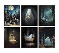 Dazzlewall 6Pcs Arte de Pared de Fantasma Oscuro, Noche de Halloween Divertido Fantasma Obra de Arte Impresión Decoración de Pared Negra para Baño de Halloween, 20x25 cm Sin Marco