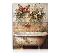 Dazzlewall Arte de Pared Baño Floral Vintage, Póster de Bañera Shabby Chic con Mariposas y Flores Coloridas para Baño Inodoro 30×40 cm Sin Marco