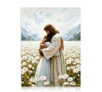 Dazzlewall Arte de Pared Cristiano Espiritual Sanador, Pintura Óleo de Jesús Abrazando a una Chica en Margaritas para Iglesia Dormitorio 30×40 cm Sin Marco