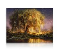 Dazzlewall Arte de Pared de Árbol Sauce con Luciérnagas Doradas, Cuadro de Lienzo Encantador de Cielo Nocturno para Decoración de Sala de Estar o Dormitorio, 12x16 Pulgadas Sin Enmarcar