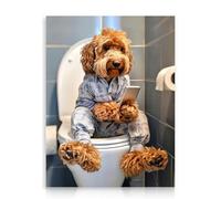 Dazzlewall Arte de Pared Divertido para Baño con Animales, Pintura en Lienzo de Perro Jugando con el Teléfono en el Inodoro, Decoración para Baño, 12x16 pulgadas Sin Marco