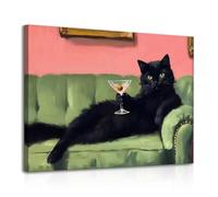 Dazzlewall Arte de Pared Gato Negro Divertido, Láminas de Gato Negro Elegante Retro con Martini para Dormitorio Bar 30×40 cm Enmarcado