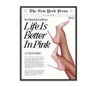 Dazzlewall Arte de Pared Moda Feminismo, Lienzo de La Vida Es Mejor en Tacones Altos Rosados Estilo Periódico Vintage para Dormitorio de Chica 30×40 cm Sin Marco