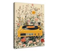 Dazzlewall Arte de Pared Tocadiscos Boho, Póster de Tocadiscos Amarillo Vintage y Campo Floral para Sala de Música Dormitorio 30×40 cm Enmarcado
