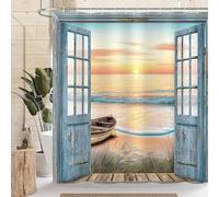 Dazzlewall Cortina de Ducha Playa Oceánica, Escena Costera Puerta de Madera Vintage Amanecer Atardecer Impermeable 180x180cm, Antimoho Tela con 12 Ganchos