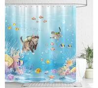 Dazzlewall Cortina Ducha Gato Buceando, Coral Océano Escénico Cortina Baño Impermeable 180x180cm, Antimoho Tela Poliéster con 12 Ganchos