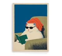 Dazzlewall Cuadro de Pared Retro de Gato Blanco, Gato Blanco con Gafas de Sol Leyendo un Libro para Decoración de Dormitorio o Sala de Estar, 12x16 Pulgadas Sin Enmarcar
