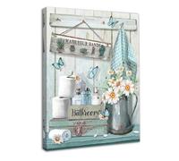 Dazzlewall Decoración de Arte de Pared de Baño de Granja Enmarcada, Cuadros de Flores Y Mariposas Rústicos En Color Verde Azulado Lávate las Manos Obra de Arte de Señal Para Baño 12x16 in