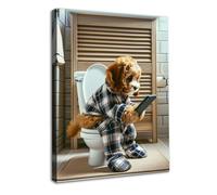 Dazzlewall Decoración de Pared Baño Perro Divertido, Arte de Pared de Cachorro en Piyama en Inodoro con Teléfono para Baño 30×40 cm Enmarcado