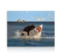 Dazzlewall Divertida impresión artística de pared de gato y tiburón, imagen peculiar de gato negro mordedor de tiburón para decoración de dormitorio, baño, 12 x 16 pulgadas, sin marco