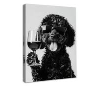 Dazzlewall Divertido Arte de Pared de Animales Humor Perro Bebiendo Vino Póster, Cuadro de Perro En Blanco Y Negro Para Baño, Cocina, Decoración de Dormitorio, 30×40 Cm, Enmarcado