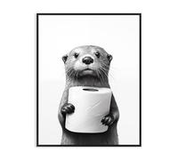 Dazzlewall Divertido Póster de Arte de Pared Para Baño Linda Nutria Sosteniendo Papel Higiénico, Cuadro de Animales En Blanco Y Negro Para La Decoración Del Inodoro Del Baño 30X40 cm Sin Marco