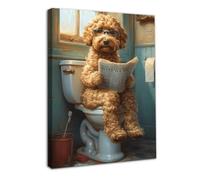 Dazzlewall Enmarcó Divertido Arte de Pared de Baño Decoración de Perro Leyendo Periódico En Inodoro, Arte de Pared de Lienzo de Perro Vintage Para Decoración de Baño de Inodoro 12x16 pulgada