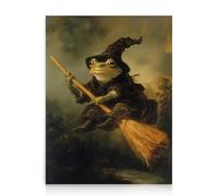 Dazzlewall Impresión de Arte de Pared de Rana Divertida, Decoración de Pared de Rana Bruja Peculiar Montando Una Escoba, Póster Humorístico de Animales de Halloween, 30x40 cm Sin Marco