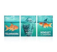 Dazzlewall Juego de 3 Piezas de Arte de Pared Motivacional para Oficina, Pez y Tiburón con Frase Mentalidad de Equipo para Dormitorio u Oficina, 12x16 Pulgadas Sin Enmarcar