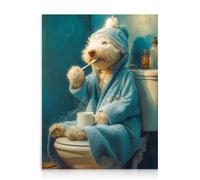 Dazzlewall Póster de Arte de Pared de Perro Divertido, Perro Cepillándose Los Dientes en Bata de Baño Azul Turquesa Póster de Pared de Animal de Baño Divertido, 30x40 cm Sin Marco