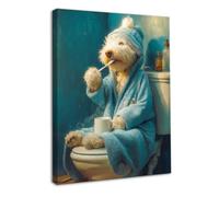 Dazzlewall Póster de Arte de Pared de Perro Divertido, Perro Cepillándose Los Dientes en Bata de Baño Azul Turquesa Póster de Pared de Animal de Baño Divertido, 30x40 cm Enmarcado