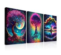 Dazzlewall Set de 3 Piezas Arte de Pared Árbol de la Vida Colorido, Póster de Cielo Estrellado y Luna Fantasy para Dormitorio Sala 30×40 cm Enmarcado
