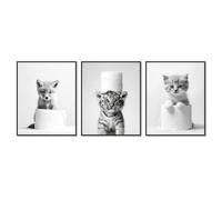 Dazzlewall Set de 3 Piezas Arte de Pared Baño Animal Linda, Láminas de Zorro Tigre Gatito con Papel Higiénico para Baño 20×25 cm Sin Marco